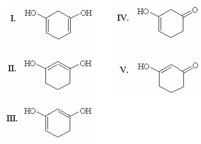 <strong>Which of the following is the most stable enol form of 1,3-cyclohexanedione? </strong> A)I B)II C)III D)IV E)V