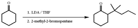<strong>A student proposed the following synthesis. Why did it fail? </strong> A)The use of LDA results in the thermodynamic product instead of the desired kinetic product. B)LDA is insoluble in the THF solvent so the reaction is too slow to occur at a useful rate. C)LDA acts as a nucleophile instead of a base in its reaction with cyclohexanone. D)The tertiary bromide is too sterically hindered to be attacked by the enolate. E)Instead of 2-methyl-2-bromopentane, 2-bromo-3-methylpentane should have been used to anticipate a cationic rearrangement that would occur.