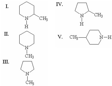<strong>Which of the following is the structure for N-methylpiperidine? </strong> A)I B)II C)III D)IV E)V