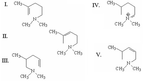 <strong>What is the major alkene formed in the following Hofmann elimination? </strong> A)I B)II C)III D)IV E)V