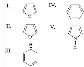<strong>Which of the following aromatic compounds is the most stable? </strong> A)I B)II C)III D)IV E)V