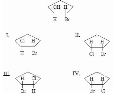 <strong>A pure sample of the trans-2-bromocyclopentanol enantiomer shown below reacts with HCl. The reaction proceeds by way of a bromonium ion. What is/are the product(s)of the reaction? </strong> A)I only B)II only C)I and III D)II and IV