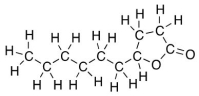 Several volatile compounds are responsible for the aroma of plums.One of these compounds is γ-decalactone whose Kekulé structure is shown below.Convert it into a skeletal structure.