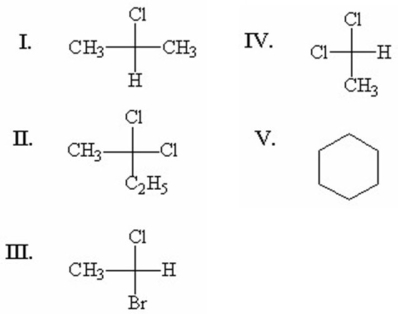 <strong>Which of the following compounds has an asymmetric center? </strong> A)I B)II C)III D)IV E)V