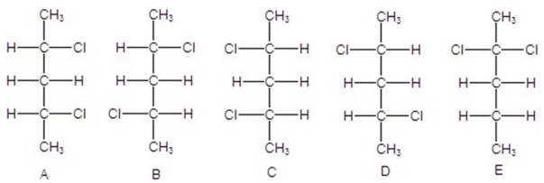 <strong>Identify all identical compounds. </strong> A)B and D,A and C B)A and C C)B and D D)A and B,A and D,B and C,C and D E)B and D,A and B,A and D,B and C,C and D