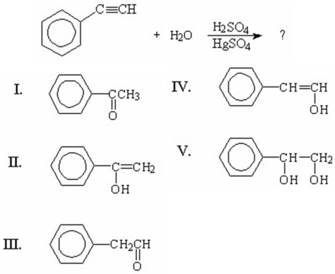 <strong>Which of the following is the final and major product of this reaction? </strong> A)I B)II C)III D)IV E)V