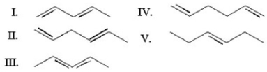 <strong>Which of the following is a cumulated diene? </strong> A)I B)II C)III D)IV E)V