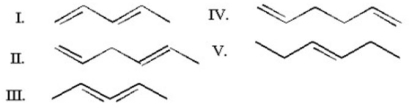 <strong>Which of the following is a conjugated diene? </strong> A)I B)II C)III D)IV E)V