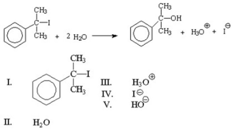 <strong>What is the nucleophile in the reaction shown below? </strong> A)I B)II C)III D)IV E)V