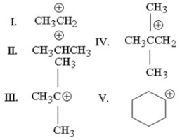 <strong>Which of the following carbocations is the least stable? </strong> A)I B)II C)III D)IV E)V