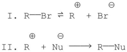 Consider the following reaction mechanism: What effect will the following have on the rate? a.addition of Br<sup>-</sup> b.using a more polar solvent c.using a stronger nucleophile d.using a more concentrated nucleophile