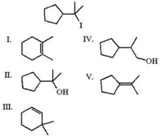 Which of the following is least likely to be found in the product mixture which results when the alkyl iodide below is heated in water?