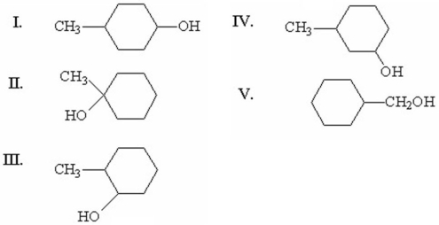 <strong>Which of the following alcohols dehydrates with the fastest rate? </strong> A)I B)II C)III D)IV E)V
