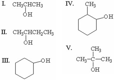 <strong>Which of the following alcohols gives a rearranged carbocation when dehydrated? </strong> A)I B)II C)III D)IV E)V