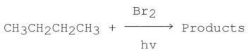 Consider the following monobromination reaction,then answer the following questions. a)Give the structures and the IUPAC names for the products. b)Give the common names for the products. c)Calculate ΔH° for the overall reaction using the following data for the indicated bond dissociation energies: d)Calculate the percent yield for each product.(relative rate of abstraction of 3° hydrogen is 1600; 2° is 82; and 1° is 1.) e)Propose a step-by-step mechanism for the major product only. f)Draw a schematic potential energy diagram for the rate-determining step (RDS)only. g)Does the transition state of the RDS resemble more closely the reactants or the products? h)Would the value of the activation energy be different for different alkanes? Explain. i)Would the reaction slow down or speed up if I<sub>2</sub> is used instead of Br<sub>2</sub>? Explain.