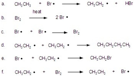 <strong>Identify as initiation,propagation,or termination. </strong> A)initiation = b; propagation = a,c,g; termination = d,e,f B)initiation = c,d,e; propagation = b; termination = a,f C)initiation = b; propagation = c,d,e; termination = a,f D)initiation = b; propagation = a,f; termination = c,d,e E)initiation = a,f; propagation = c,d,e; termination = b