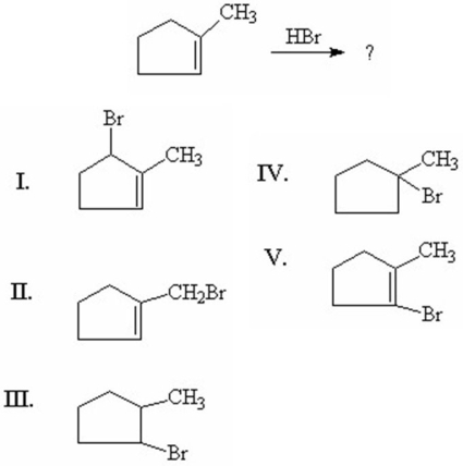 <strong>What is the major product of the following reaction? </strong> A)I B)II C)III D)IV E)V