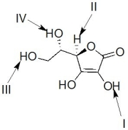 Vitamin C,shown below,is an antioxidant that undergoes hydrogen atom abstraction reaction with damaging radicals.Indicate which of the labeled hydrogens is prone to abstraction by a radical?