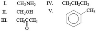 <strong>Which of the following methyl groups will exhibit the most downfield (highest)chemical shift in <sup>1</sup>H NMR spectroscopy? </strong> A)I B)II C)III D)IV E)V