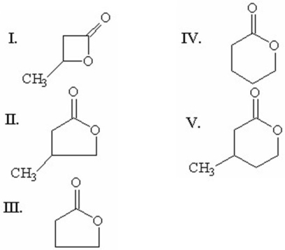 <strong>Which of the following compounds is g-butyrolactone? </strong> A)I B)II C)III D)IV E)V