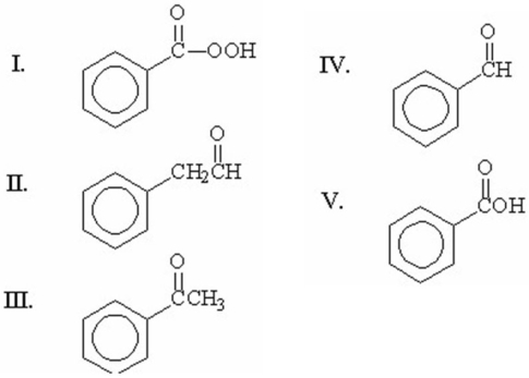 <strong>Which of the following compounds is benzaldehyde? </strong> A)I B)II C)III D)IV E)V