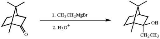 When camphor undergoes nucleophilic attack by CH<sub>3</sub>CH<sub>2</sub>MgBr,the major product is the one in which the Grignard reagent has added endo.Explain the stereoselectivity observed.Which face of the carbonyl carbon,re or si,was attacked?