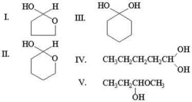 The compound shown below can form a hemiacetal by reacting with itself in solution. What is the structure of this hemiacetal?