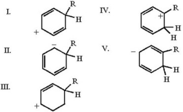 <strong>Which of the following is one of the resonance contributors of the intermediate produced in a Friedel-Crafts alkylation of benzene? </strong> A)I B)II C)III D)IV E)V