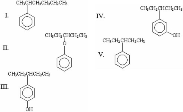 <strong>What is the structure of 3-phenylpentane? </strong> A)I B)II C)III D)IV E)V