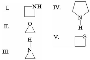 <strong>Which of the following is the structure for azetidine? </strong> A)I B)II C)III D)IV E)V