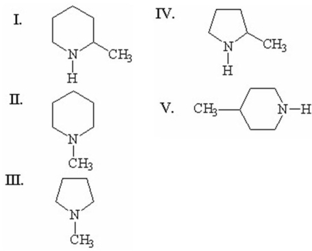 <strong>Which of the following is the structure for N-methylpiperidine? </strong> A)I B)II C)III D)IV E)V