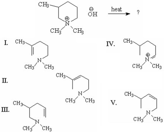 <strong>What is the major alkene formed in the following Hofmann elimination? </strong> A)I B)II C)III D)IV E)V
