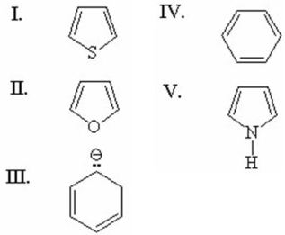 <strong>Which of the following aromatic compounds is the most stable? </strong> A)I B)II C)III D)IV E)V