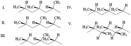 <strong>Which of the following polymers is arranged in an isotactic configuration? </strong> A)I B)II C)III D)IV E)V