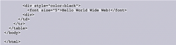 <strong>FIGURE 10-1     In the code shown in Figure 10-1 above,the phrase Hello World Wide Web! appears ____.</strong> A) as the title above the table B) as the footnote below the table C) in the upper table cell D) in the lower table cell <div style=padding-top: 35px> 