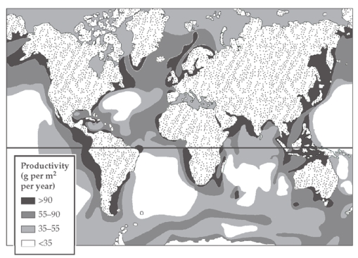 <strong>The figure below shows the net primary productivity (NPP) in terrestrial and marine biomes around the world.   The pattern of NPP in marine ecosystems as shown above suggests that</strong> A) marine productivity is as sensitive to temperature as terrestrial productivity. B) without shade from overhead vegetation, marine productivity typically exceeds that found in terrestrial ecosystems. C) marine ecosystems are also limited by sunlight, with the highest productivity at the equator. D) most marine productivity results from the input of terrestrially derived nutrients. <div style=padding-top: 35px> 