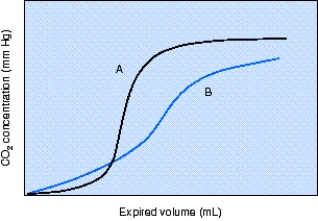 <strong>The change in the single breath carbon dioxide (CO<sub>2</sub>)<sub> </sub>curve from A to B shown in the figure may be as a result of which of the following? </strong> A) Hypervolemia B) Decreased positive-end-expiratory pressure (PEEP) C) Increased mean airway pressure D) Excessive bronchodilator administration