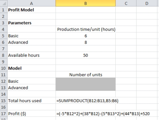  a. The optimization model is, Max   -5 x_{1}^{2}+38 x_{1}-5 x_{2}^{2}+44 x_{2}+520   s.t.   6 x_{1}+8 x_{2} \leq 50     x_{1}, x_{2} \geq 0   b. The optimal solution is: = 3.32 and = 3.76 with a profit of $685.8. The spreadsheet model is:          