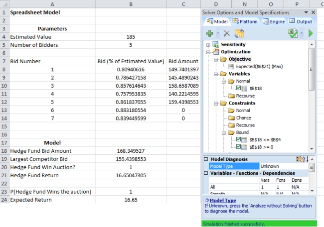 a. Refer to the screenshot below for the Spreadsheet Simulation Model.         A bid amount of about $168.35 million maximizes the expected return on the auction to a value of approximately $16.65 million. b. A bid amount of $168.35 million has a nearly a 100% chance of winning the auction. This is because the maximum competitor bid is .91*185 = $168.35 million.