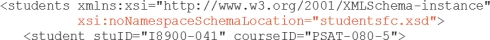 <strong>As an example of a schema code, What is the name of the Flat Catalog schema document? ________</strong> A) studentsfc.xsd B) XMLSchema-instance C) I8900-041 D) PSAT-080-5