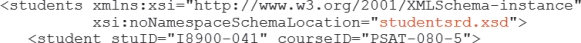 <strong>As an example of a schema code: What is the name of the Russian Doll schema document?_______</strong> A) I8900-041 B) studentsrd.xsd C) studentsfc.xsd D) PSAT-080-5