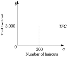 <strong>Refer to the information provided in Figure 8.2 below to answer the questions that follow. Figure 8.2 Refer to Figure 8.2 above. The total fixed costs for The Barber Shop are $3,000. If The Barber Shop produces 300 haircuts, the average fixed costs are</strong> A) $0.20. B) $5. C) $10. D) $100.