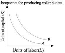 Refer to the information provided in Figure 7.8 below to answer the questions that follow.   Figure 7.8 -Refer to Figure 7.8 above. If Roller Skates Unlimited moves from isoquant B to isoquant A, the number of roller skates produced
