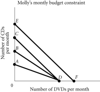 Refer to the information provided in Figure 6.5 below to answer the questions that follow. Figure 6.5 -Refer to Figure 6.5. Molly's budget constraint is EF. If her income decreases and the price of CDs increases, her new budget constraint could be