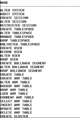 Partial list of privileges -Which of the following SQL statements would most likely be used to generate the partial output shown above?