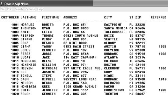 Contents of the CUSTOMERS table -Based on the contents of the CUSTOMERS table,which of the following SQL statements will display the customer# of all customers who were referred by the same individual that referred customer# 1003?