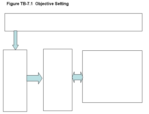 Figure TB-7.1 depicts the objective setting process shown in Chapter 7 but with all labels removed.Required: Complete Figure TB-7.1 by inserting the following labels where they belong in the model: Box Title Box Description \bullet Related objectives \bullet e.g., expand production of our top-five selling retail products to meet increased demand e.g., to be in the top quartile of product sales for retailers of our products \bullet Strategy \bullet e.g., to be the leading producer of household products in the regions in which we operate \bullet Mission, vision, purpose \bullet increase production of x by 15% \bullet hire 180 qualified new staff \bullet maintain product quality \bullet Strategic objectives \bullet