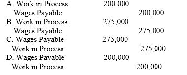 During the period, labor costs incurred on account amounted to $275,000 including $200,000 for production orders and $75,000 for general factory use. In addition, factory overhead charged to production was $32,000. From the following, select the entry to record the direct labor costs.