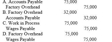 During the period, labor costs incurred on account amounted to $275,000 including $200,000 for production orders and $75,000 for general factory use. In addition, factory overhead applied to production was $32,000. From the following, select the entry to record the actual factory overhead costs incurred.