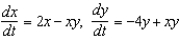 Consider the predator-prey system , where x and y are in millions of creatures and t represents time in years.(a) Find equilibrium solutions for this system.(b) Explain why it is reasonable to approximate this predator-prey system as , if the initial conditions are x(0) = 0.001 and y(0) = 0.002.(c) Describe what this approximate system tells about the rate of change of each of the specie populations x(t) and y(t) near (0, 0).(d) Find the solution for the approximate system given in part (b).(e) Sketch x (t) and y (t) as determined in part (d) on the same coordinate plane.(f) Sketch a phase trajectory through (0.001; 0.002) for the predator-prey system. Describe in words what happens to each population of species and the interaction between them.